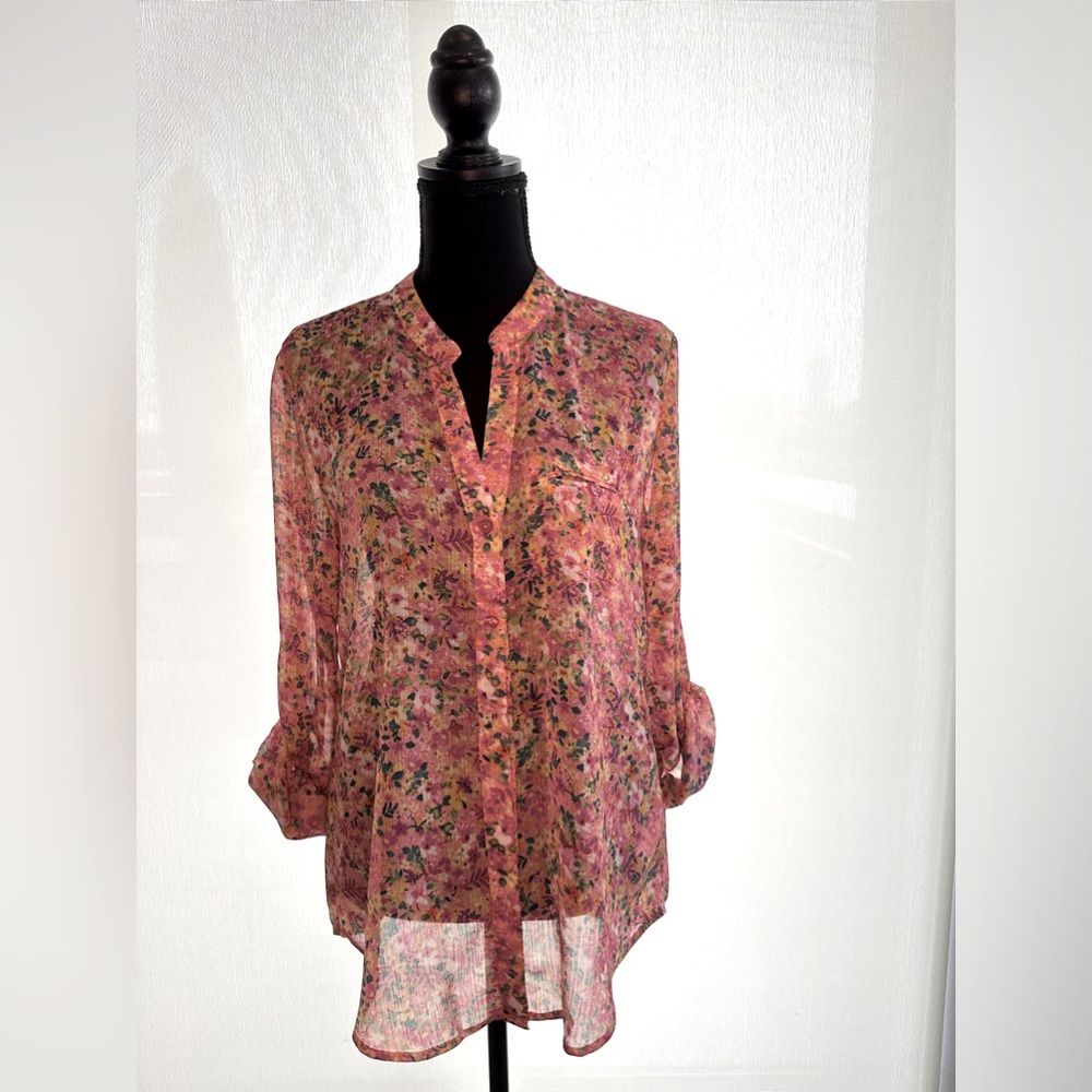 KUT from the Kloth pink floral sheer button down